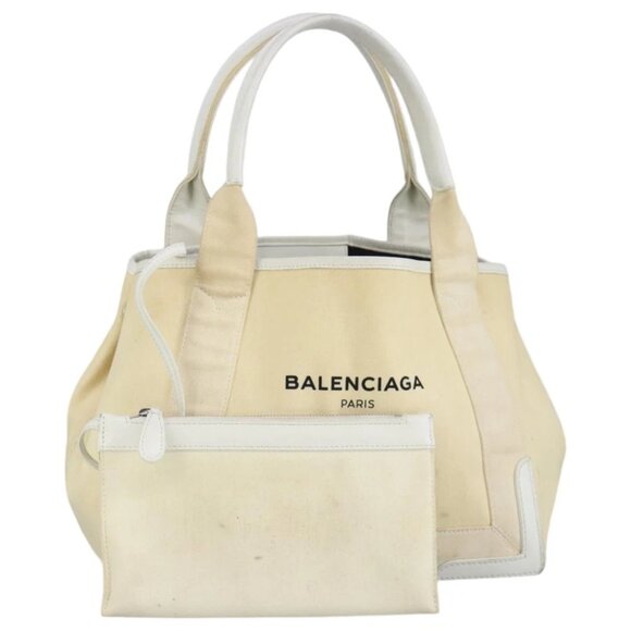 BALENCIAGA Navy Cabas S Hand Bag Canvas Leather Silver White 339933 Auth 97500 - Picture 1 of 16